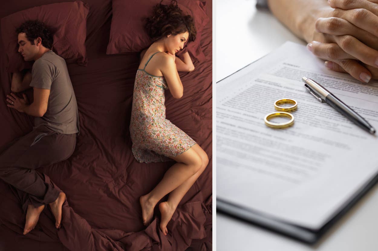 A couple lies back-to-back in bed; next to them are wedding rings on a divorce document, symbolizing separation