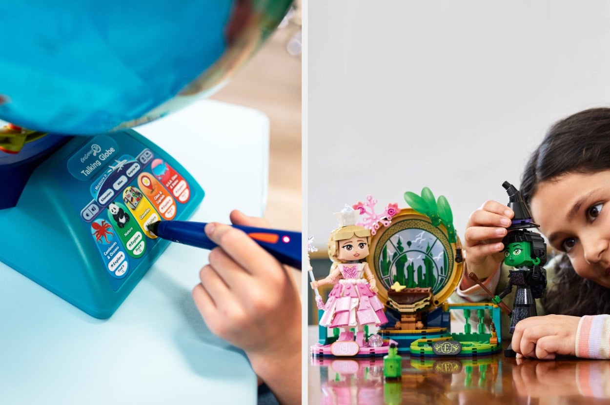 Child using a LeapFrog Talking Globe pen on maps; girl playing with LEGO Wizard of Oz playset featuring Dorothy and Wicked Witch figurines