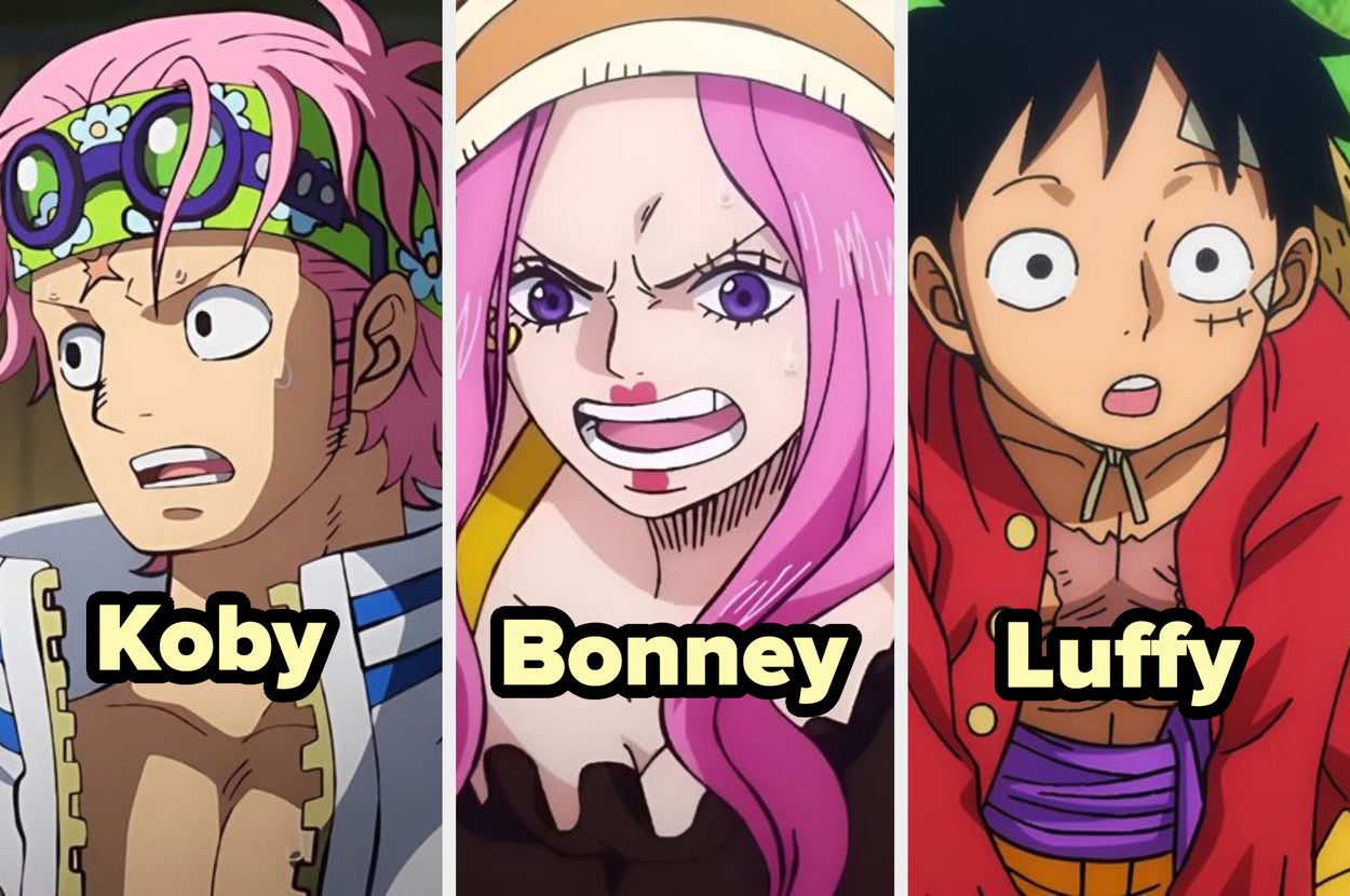 Personajes de anime Coby, Bonney y Luffy de "One Piece", mostrando diferentes expresiones faciales