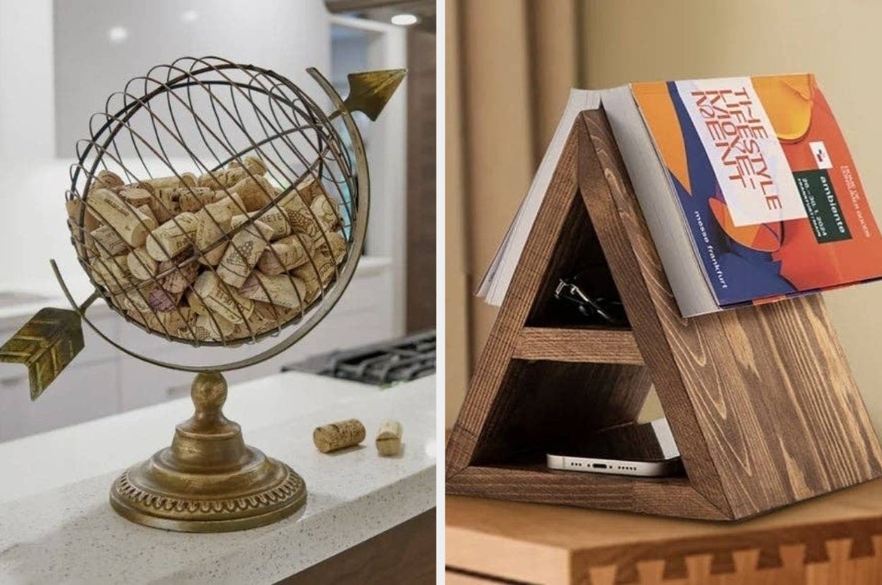 Decorative home items: a globe filled with corks and a triangular bookshelf with books displayed