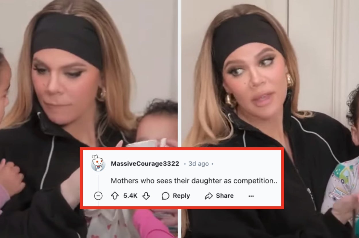 Khloe Kardashian holding one of her babies with the quote "mother's who sees their daughter as competition"