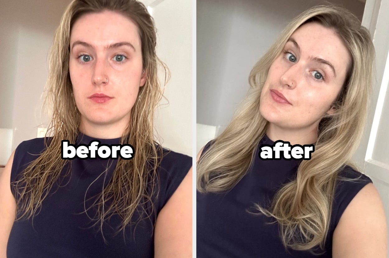A woman with wet hair on the left ("before") and styled hair on the right ("after"), showcasing a hair transformation