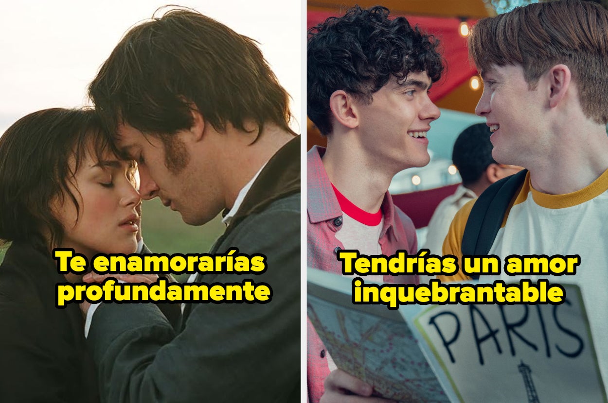 Dos parejas en escenas románticas: una en un abrazo cercano; la otra sonríe con un mapa de París. Texto: "Te enamorarías profundamente" y "Tendrías un amor inquebrantable"