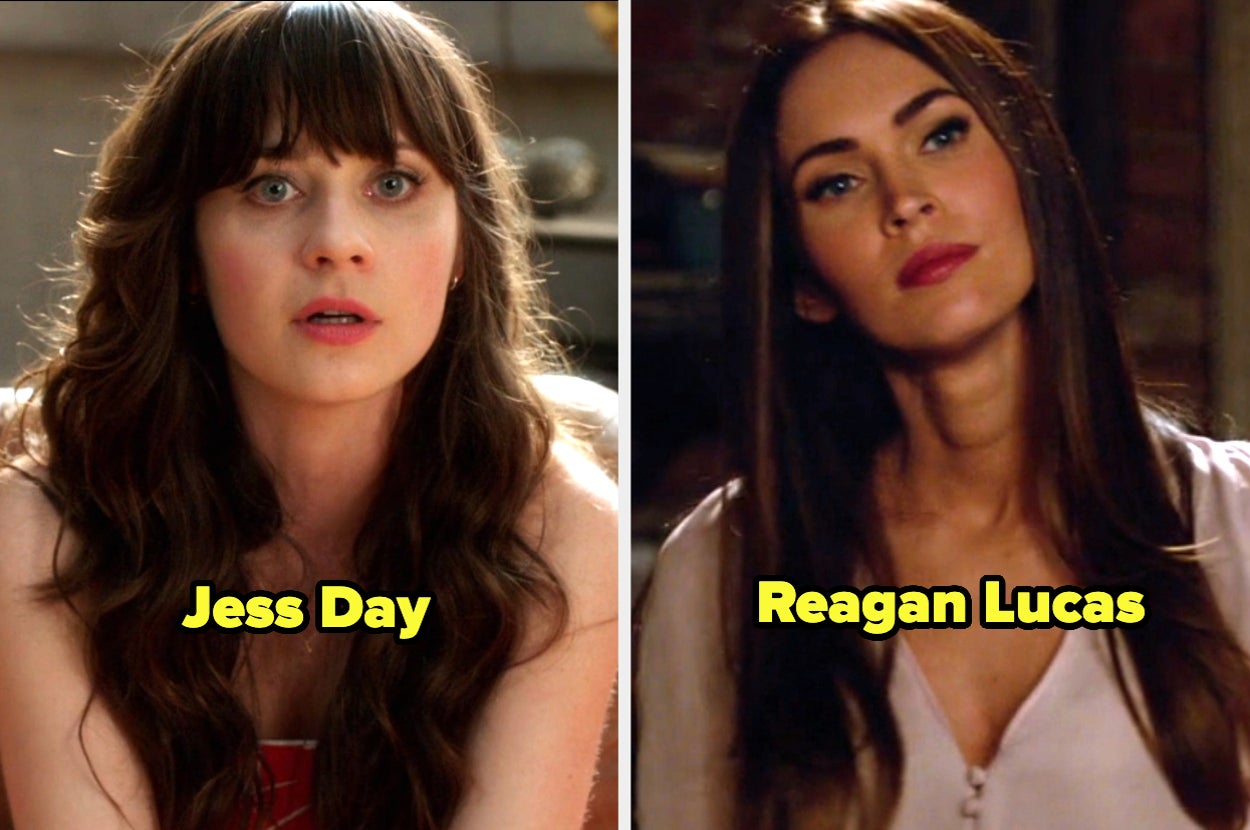 Jess Day and Reagan Lucas from a TV scene, each facing forward. Jess has long wavy hair, and Reagan has straight hair