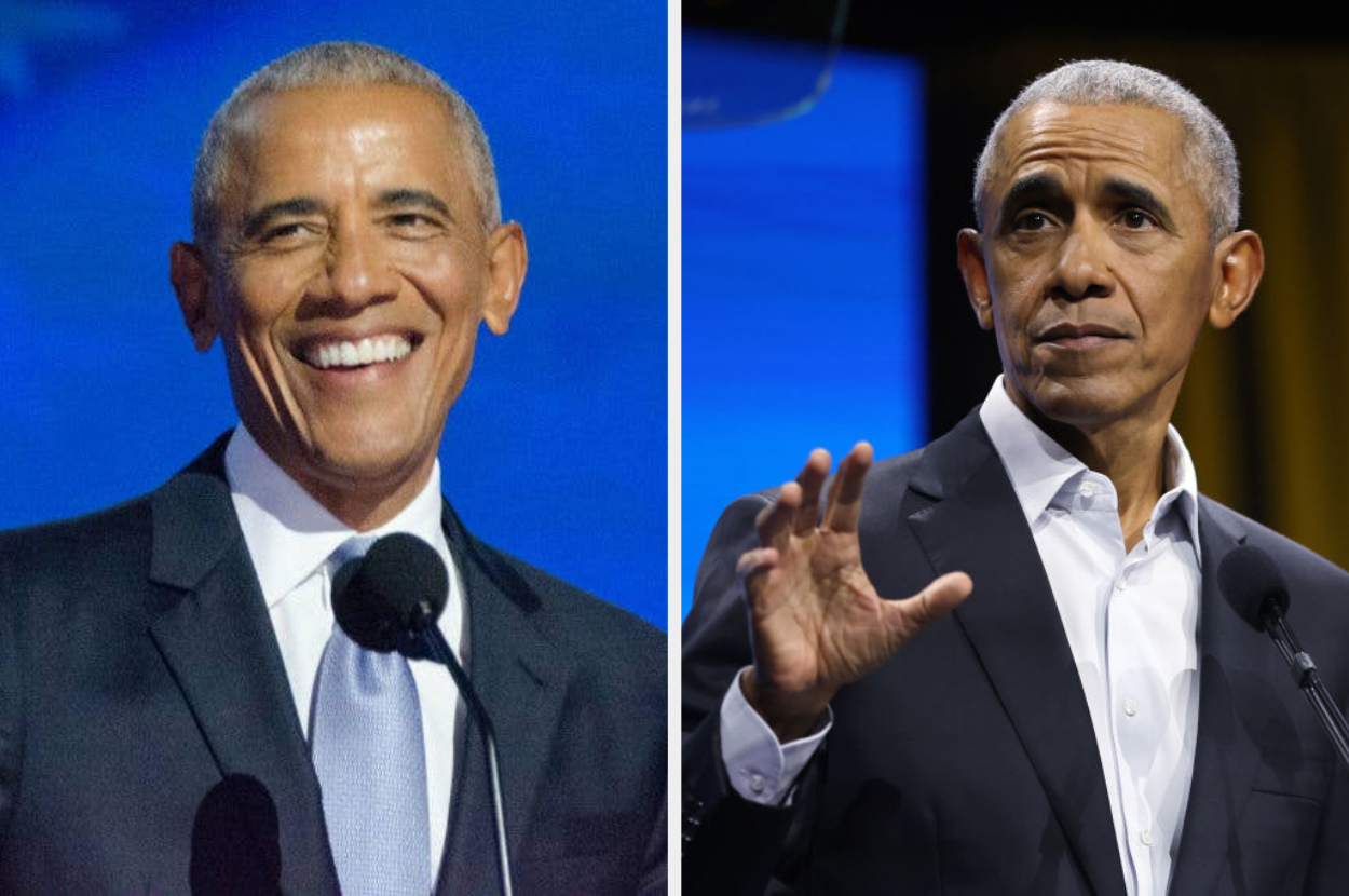 A person in two images, smiling in one and speaking in another, wearing suits and ties, on stage at a formal event