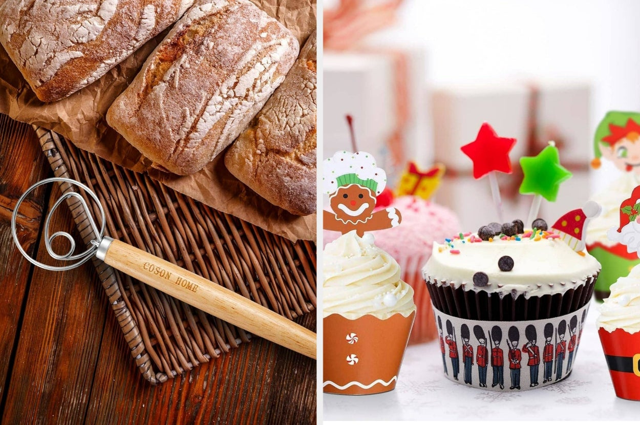 Bread loaves on a wicker tray with a dough whisk alongside colorful cupcakes decorated with festive toppers