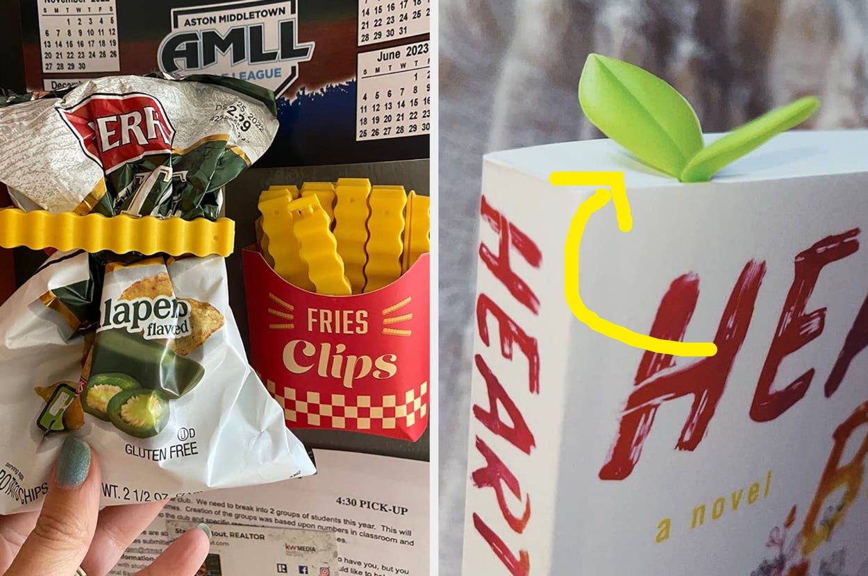 Left: Bag sealed with a plastic clip on a calendar. Right: Book titled "HEART" with a leaf-shaped bookmark sticking out
