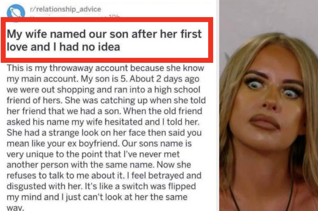 Text post summary: A man discovers his wife named their son after her first love, leaving him feeling betrayed and disgusted. Image: A shocked woman