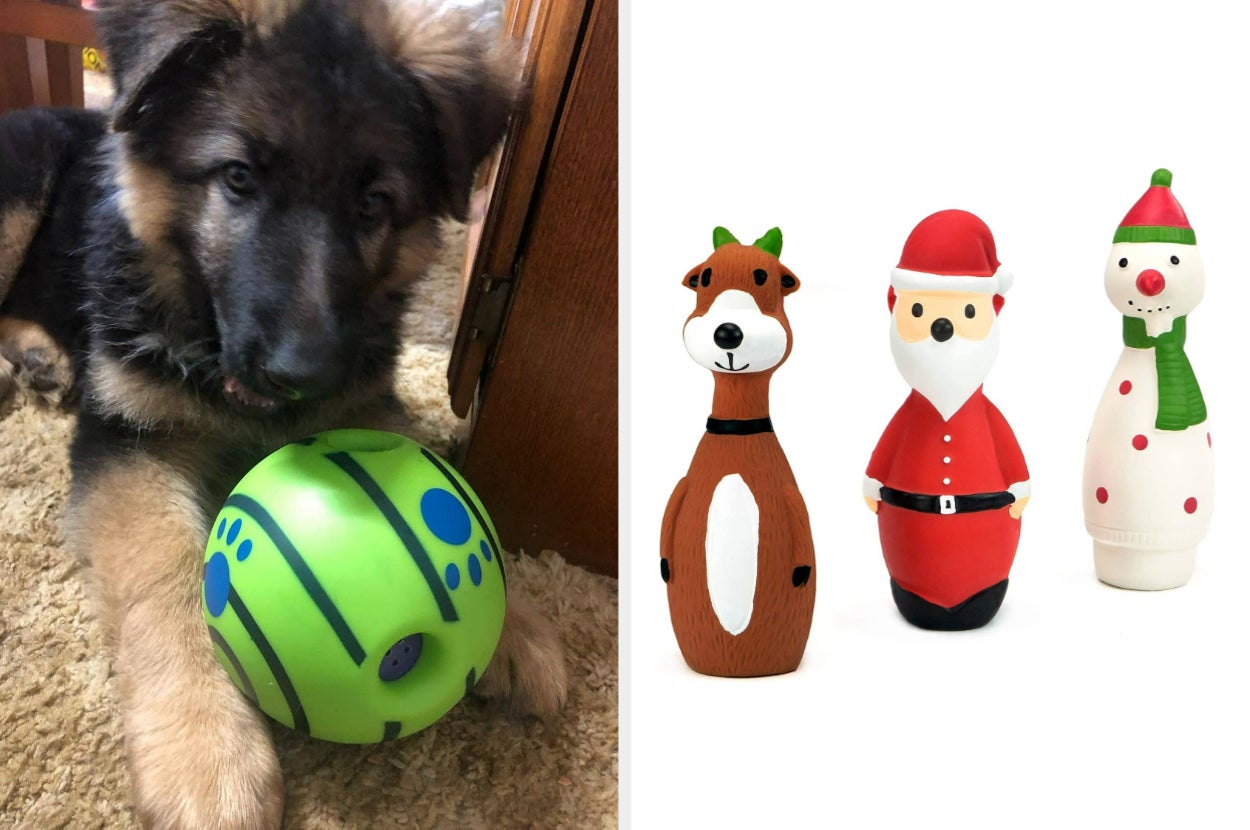 A puppy with a ball on the left; holiday-themed dog toys, including reindeer, Santa, and snowman, on the right