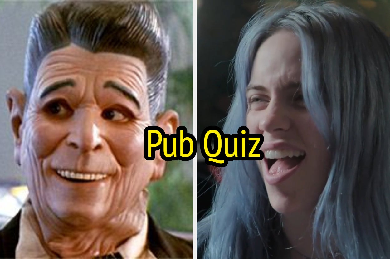A split image: person in a Reagan mask on the left, smiling Billie Eilish on the right. Text in the center reads "Pub Quiz."