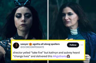 Aubrey Plaza and Kathryn Hahn in a scene. Tweet overlaid: 