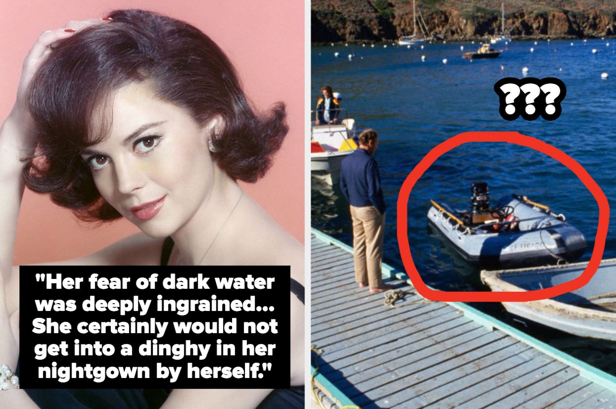 On the left, a woman in formal attire. On the right, a dinghy on the water with a person standing nearby. Text discusses fear of water