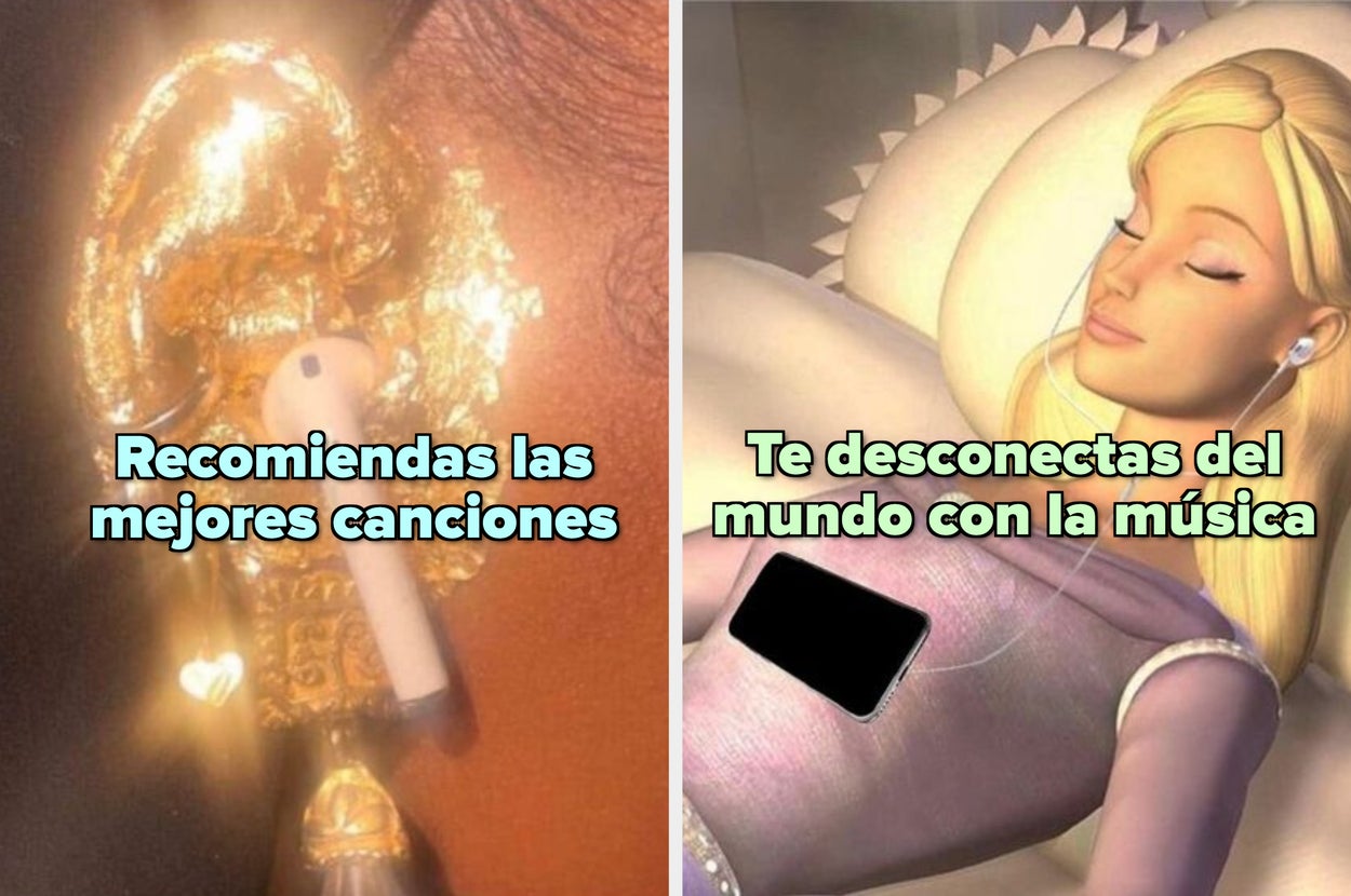 Dos imágenes muestran a personas usando auriculares. Texto: "Tienes una canción para cada momento" y "Te desconectas del mundo con la música"