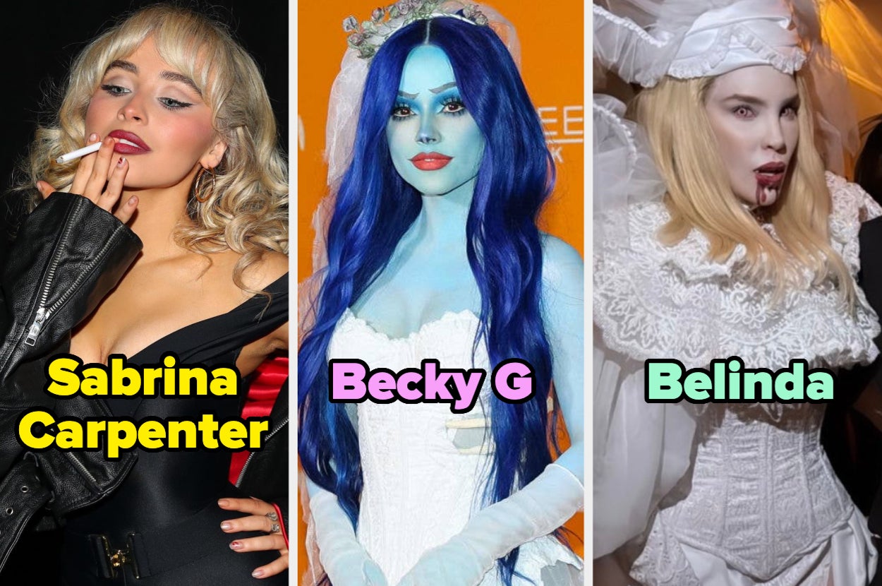 Sabrina Carpenter, Becky G y Belinda posan con disfraces temáticos. Sabrina luce un look de cuero, Becky G está vestida como personaje azul, y Belinda con atuendo barroco
