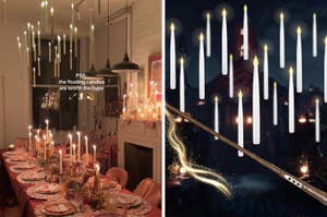 Dining table set with floating candles above, text says "PSA: the floating candles are worth the hype"; next to an illustration of candles and a wand