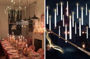 Dining table set with floating candles above, text says "PSA: the floating candles are worth the hype"; next to an illustration of candles and a wand
