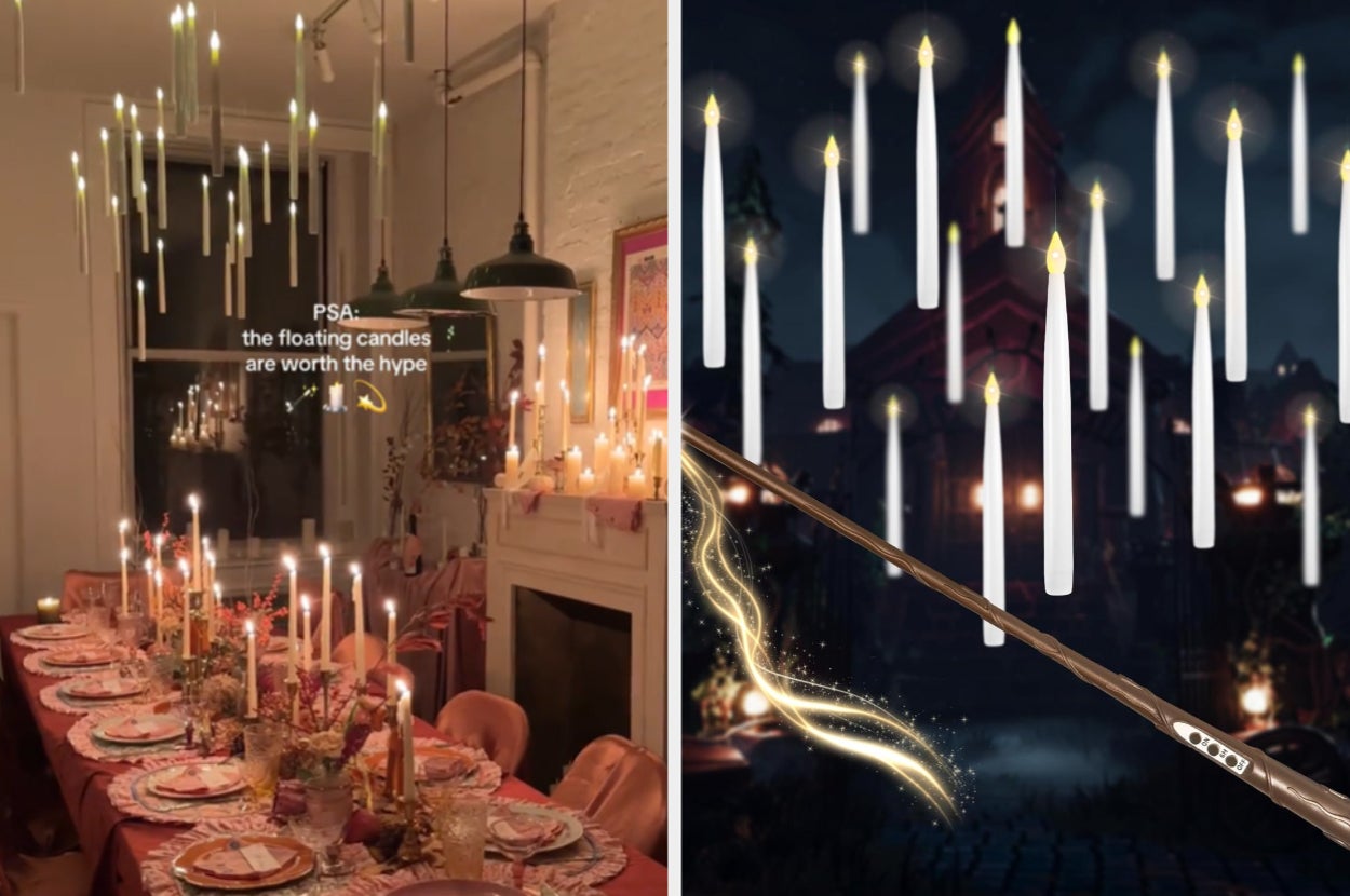 Dining table set with floating candles above, text says "PSA: the floating candles are worth the hype"; next to an illustration of candles and a wand