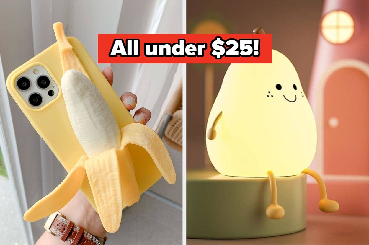 A banana phone case and a cute pear-shaped lamp, both under $25