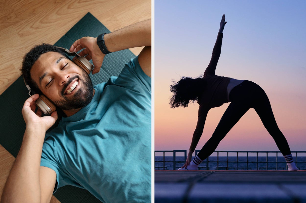 Split image of a man smiling, wearing headphones, and a silhouette of a person doing yoga at sunrise.
