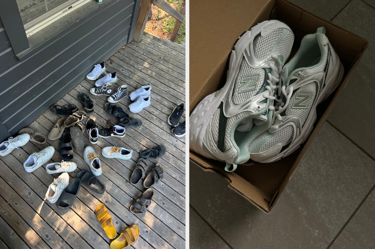 Various shoes scattered on a porch and white sneakers in a box on a tile floor