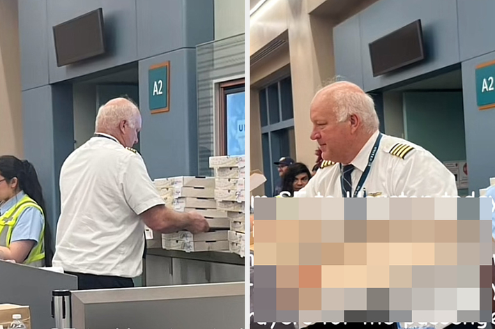 年配の男性パイロットが空港でピザの箱を手渡しています。