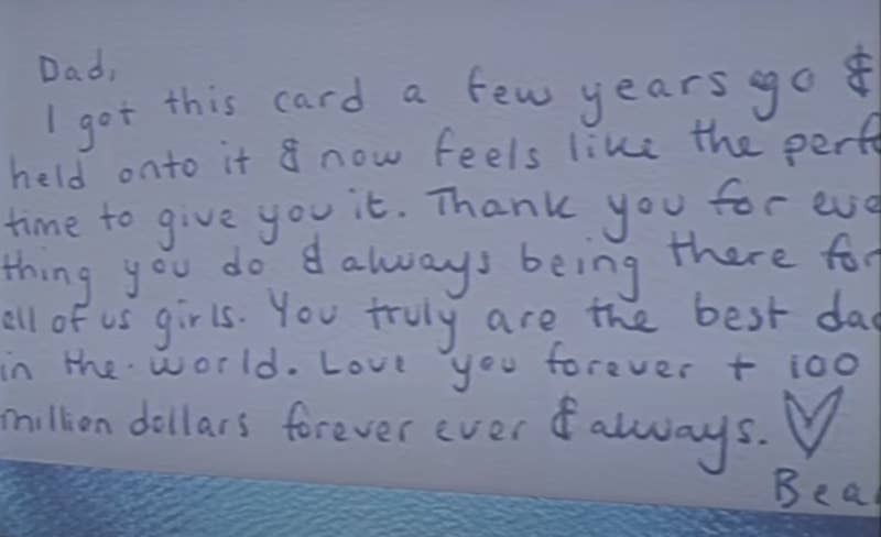 Handwritten note saying, &quot;Dad, I got this card a few years ago &amp;amp; held onto it. Thank you for everything and being there for us. Love, Bear&quot;