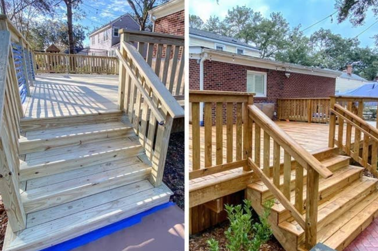 reviewer before photo of unstained deck / after photo of same deck after being stained and sealed