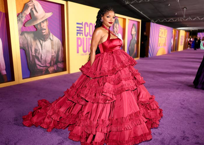Halle on the red carpet in a ruffled tiered dress