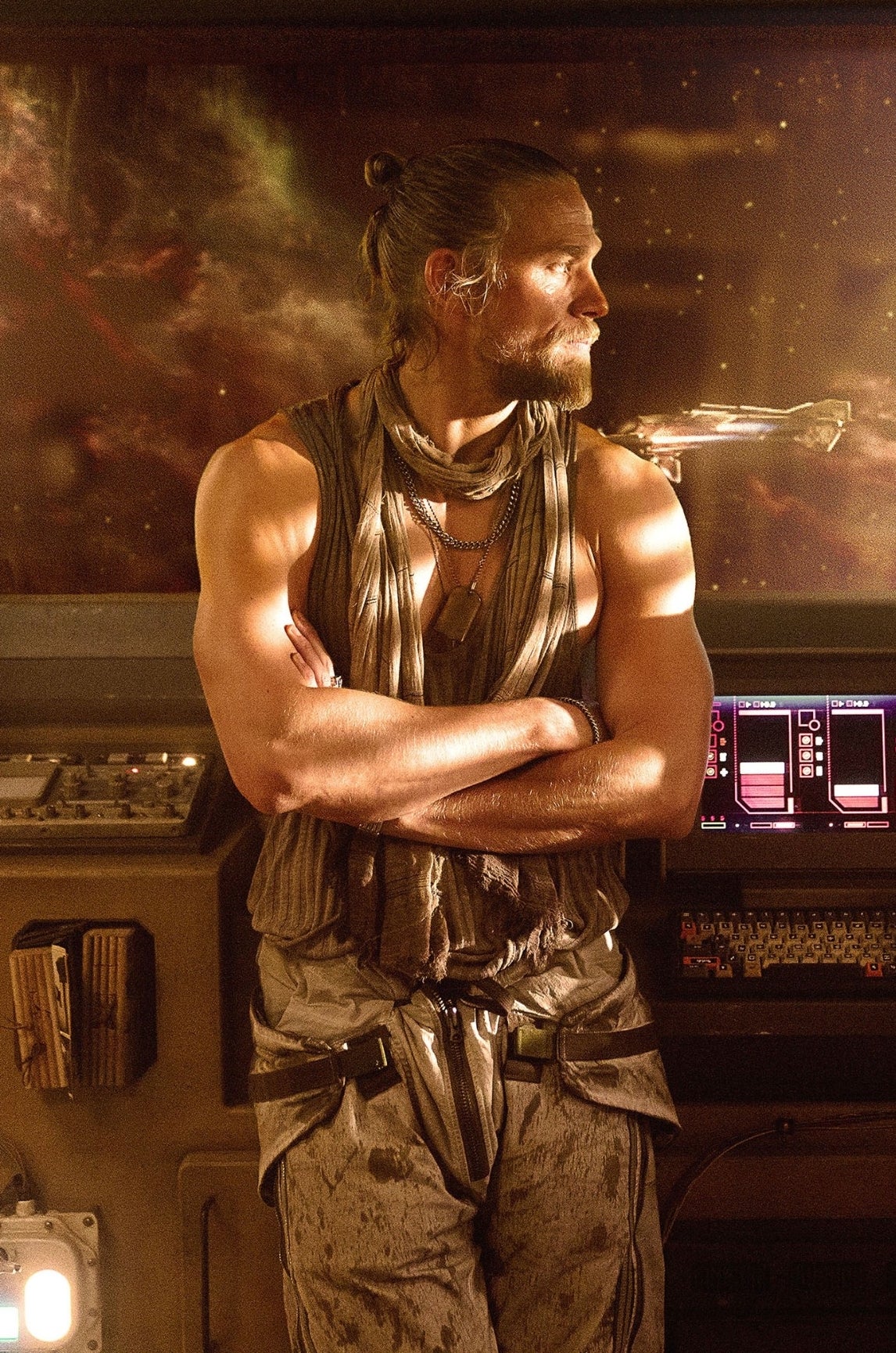 Charlie in a sci-fi setting, wearing rugged, futuristic clothing, stand in a spaceship control room looking at each other