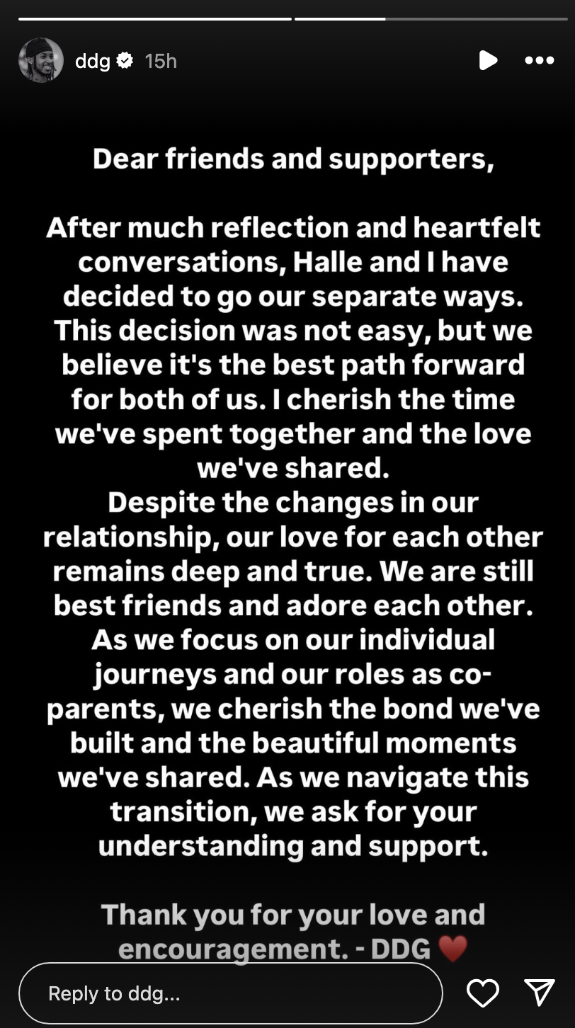 DDG announces breakup with Halle, expressing gratitude for their past together and seeking support during the transition