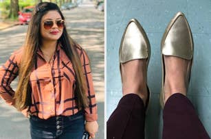 reviewer in button down top / reviewer in gold pointed flats
