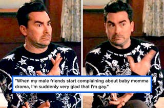 Dan Levy in a dual-panel image, wearing a patterned sweater and making expressive hand gestures and facial expressions