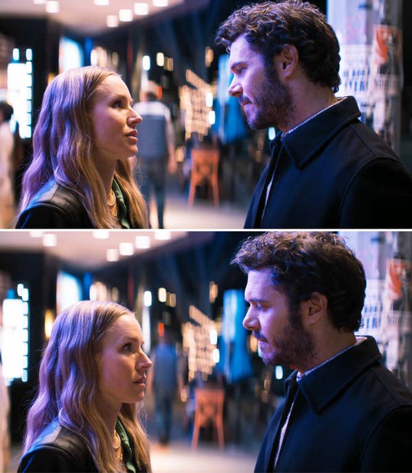 A scene from &quot;Nobody Wants This&quot; featuring Noah and Joanne talking, illuminated by a street light