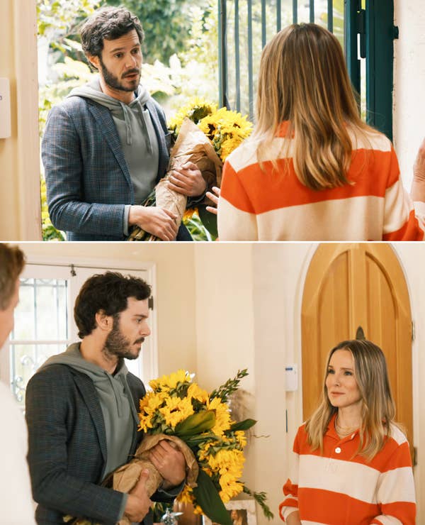 A scene from &quot;Nobody Wants This&quot; featuring Noah holding a massive bouquet of sunflowers