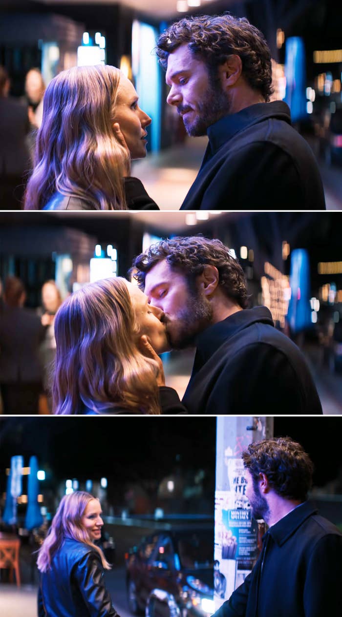 A scene from &quot;Nobody Wants This&quot; where Kristen Bell and Adam Brody kiss on a sidewalk