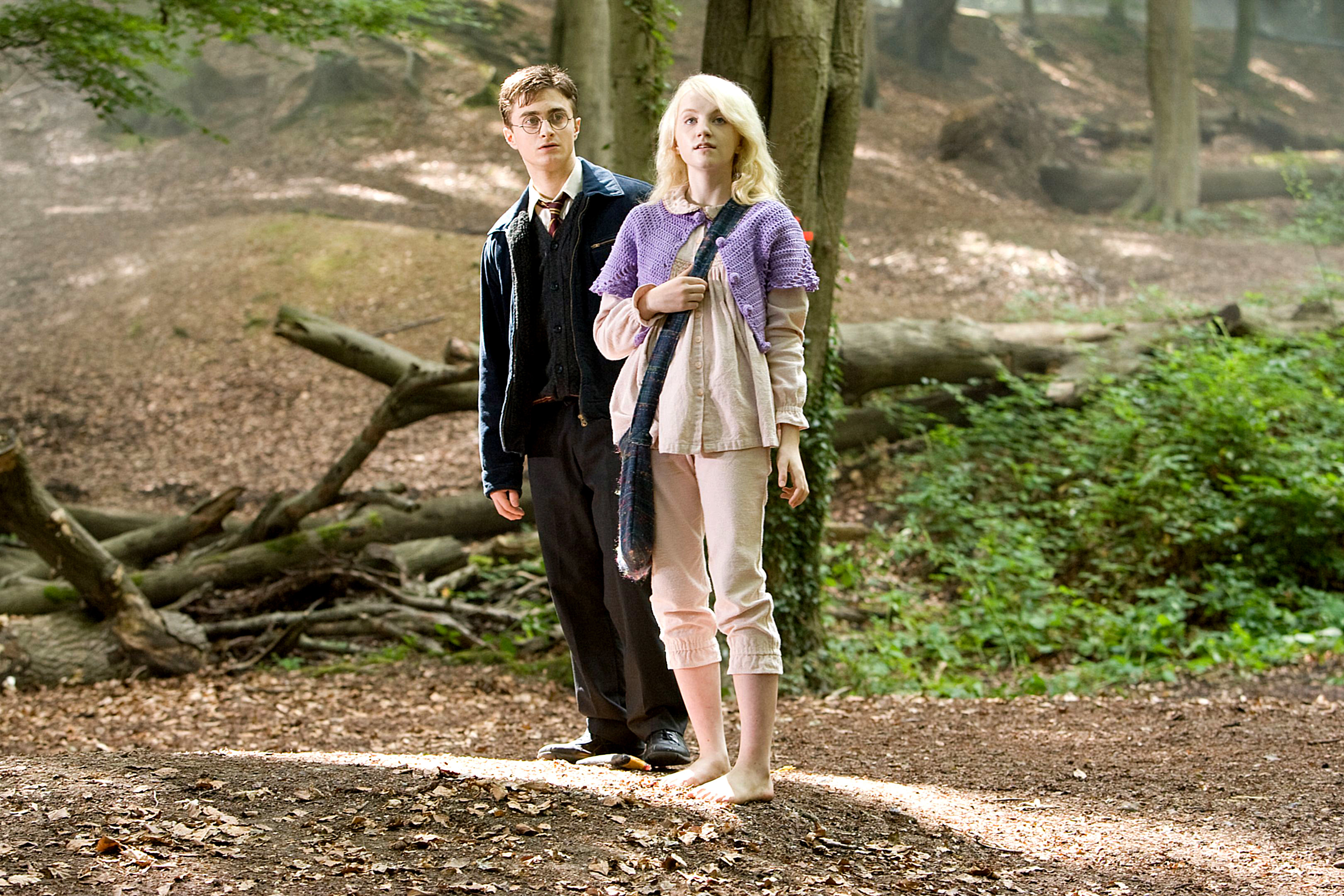 Luna Lovegood and Harry Potter standing in the woods