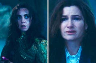 Agatha and Rio looking at each other, Agatha on the verge of tears, in a scene from 