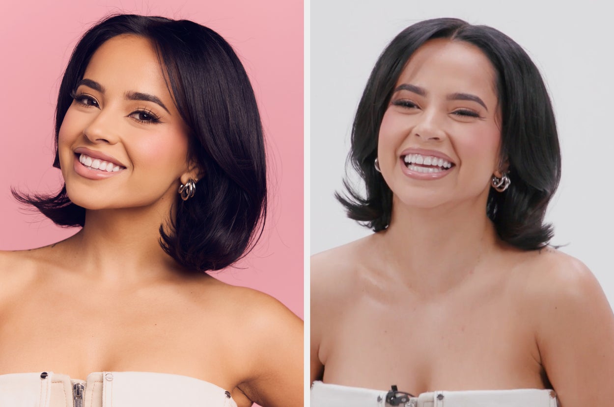Becky G, smiling in a strapless top, with shoulder-length hair, and subtle makeup