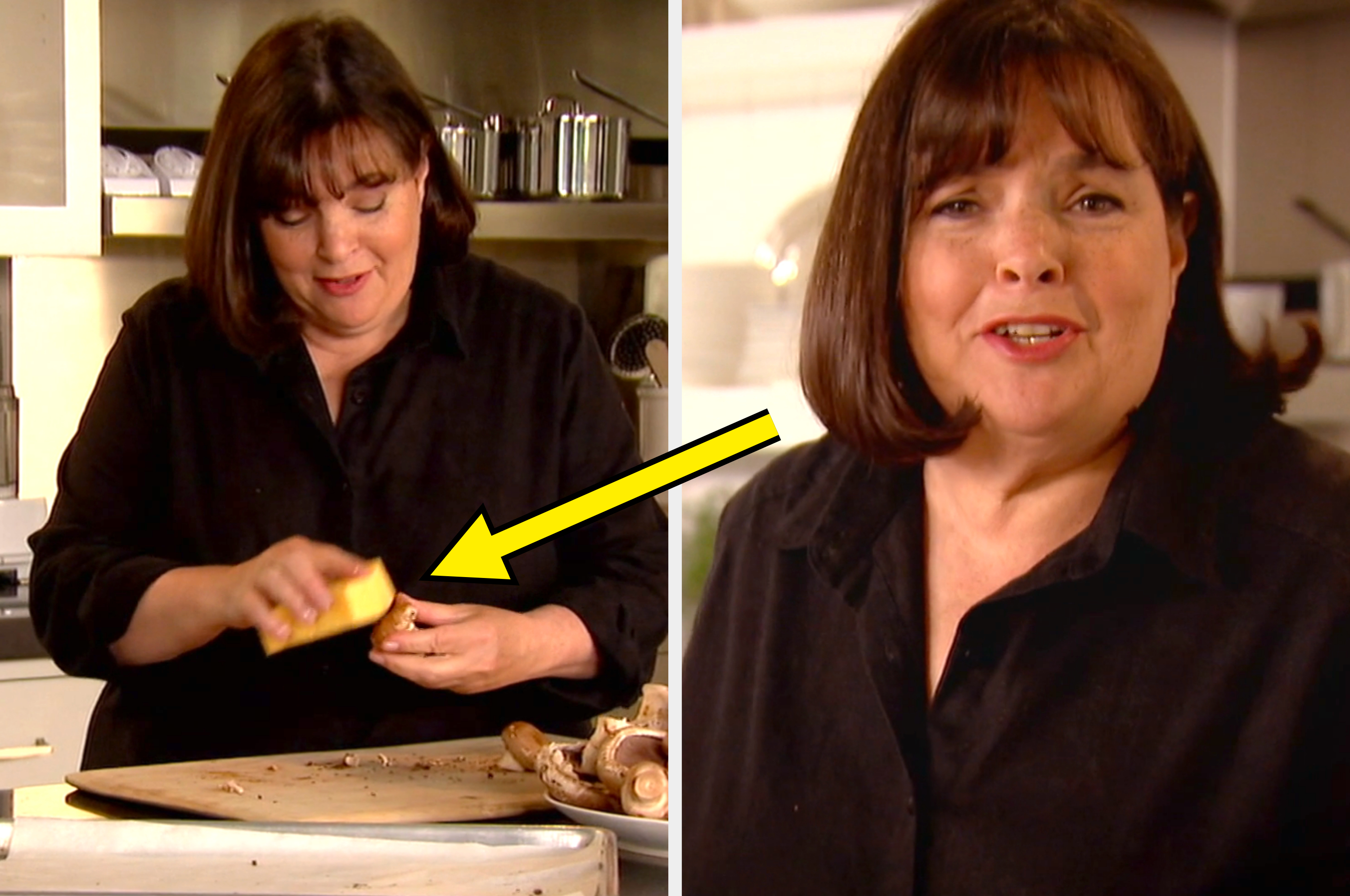 Side-by-side images of Ina Garten preparing mushrooms in a kitchen and a close-up of her speaking