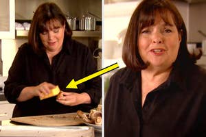 Side-by-side images of Ina Garten preparing mushrooms in a kitchen and a close-up of her speaking