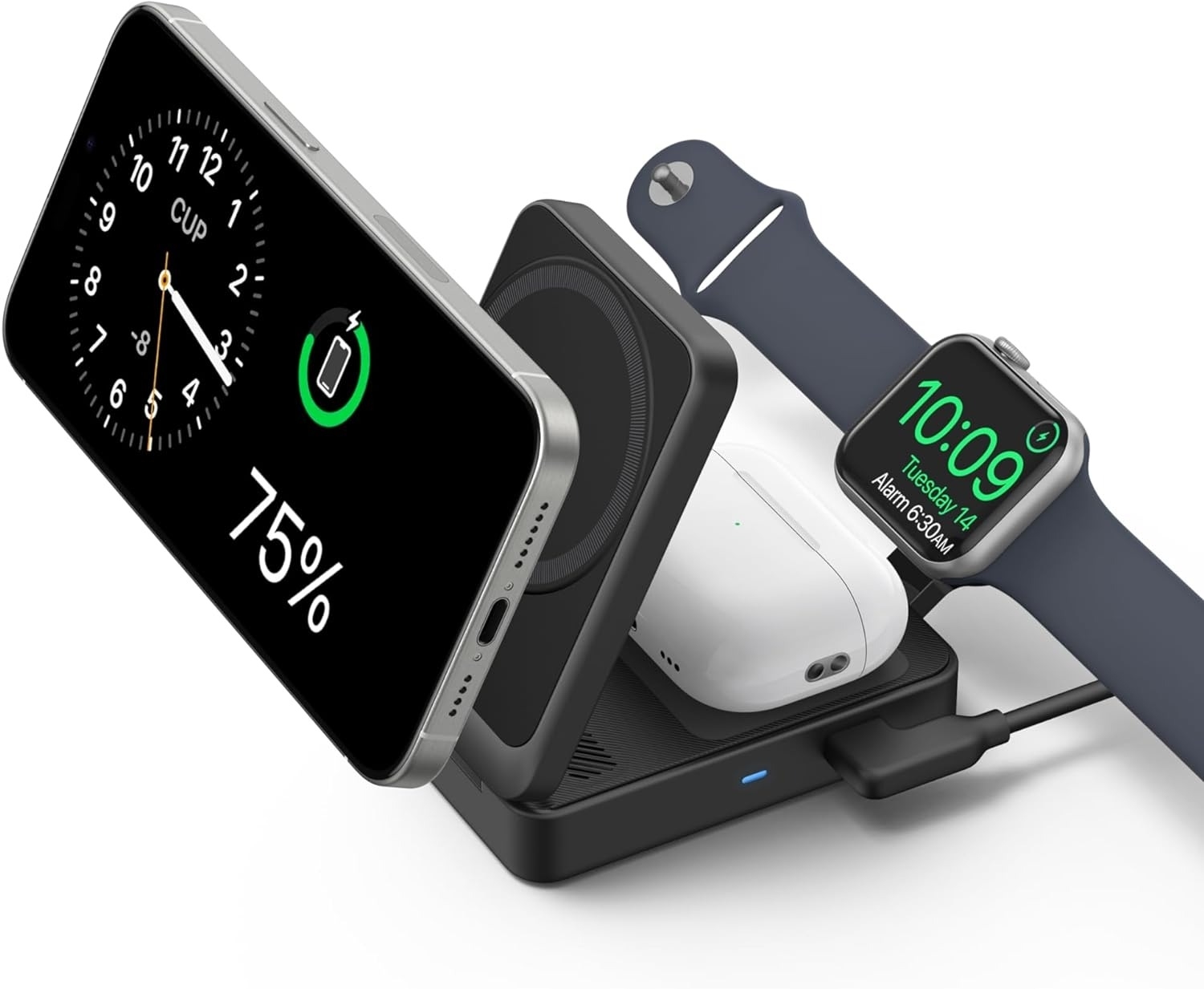 Smartphone, wireless earbuds case, and smartwatch charging on a multi-device wireless charger. Digital clock and battery levels displayed