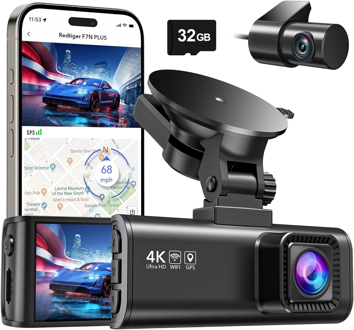 Smartphone and 4K dash cam with GPS and WiFi features, displaying a car&#x27;s speed of 68 mph on a map. Includes rear camera and 32GB card