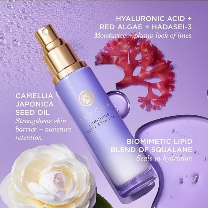 Tatcha Luminous Dewy Skin Mist with hyaluronic acid, red algae, camellia seed oil, and squalane for hydration and plumping skin