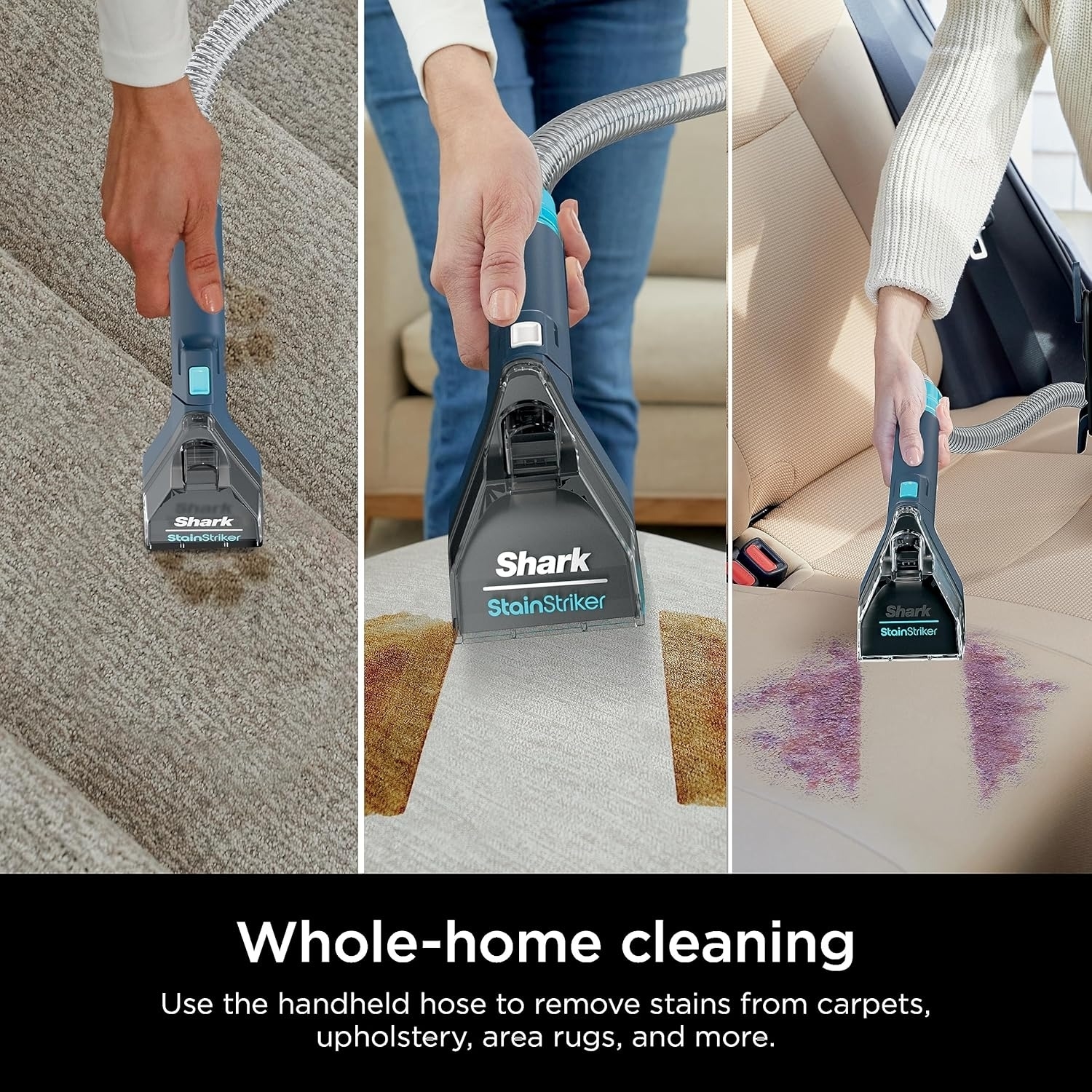 Three images show a handheld carpet cleaner removing stains from a carpet, an area rug, and upholstery. Text reads, &quot;Whole-home cleaning.&quot;