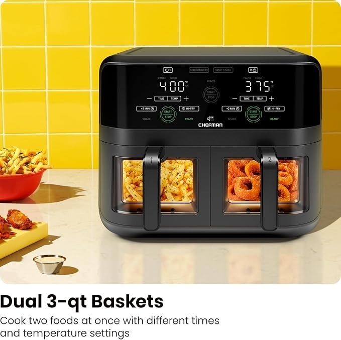 Chefman air fryer with dual 3-quart baskets, shown cooking fries and onion rings. Text: &quot;Cook two foods at once with different times and temperature settings.&quot;