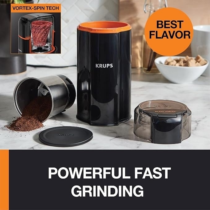 Coffee grinder with vortex-spin technology for powerful, fast grinding. Best flavor. Brand name: Krups