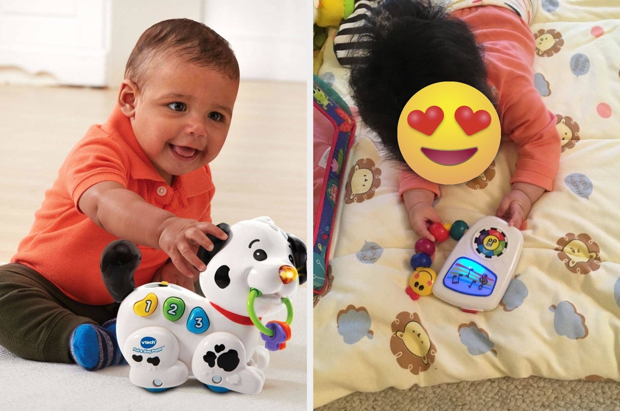 Baby playing with interactive toy dog and another baby holding a toy with lights and sounds