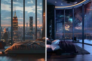 Split image: Left side shows a cozy bedroom with a city skyline at dusk; right side depicts a futuristic bedroom with a cosmic view