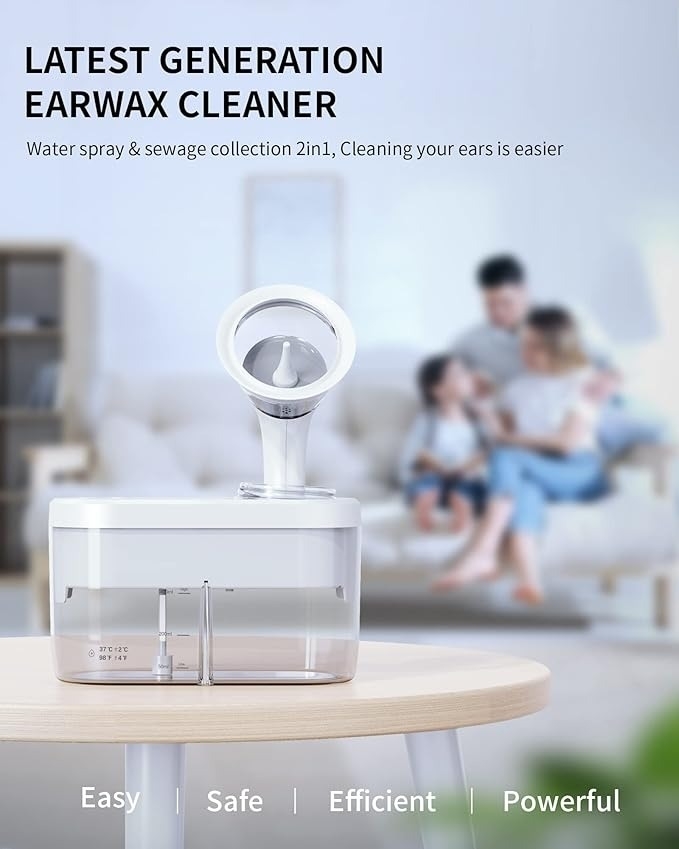 Earwax cleaner ad with a focus on easy, safe, efficient, and powerful cleaning features. Family sits blurred in the background