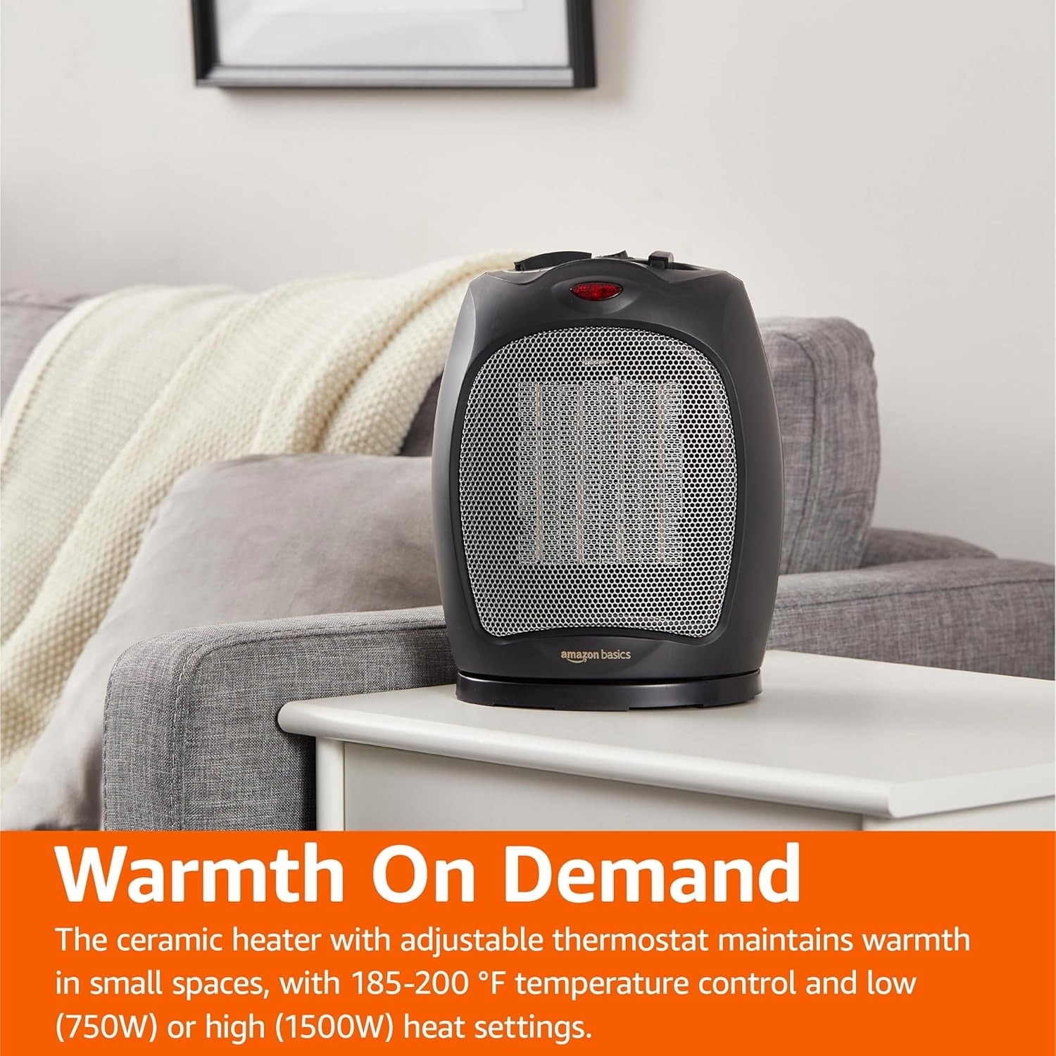 Ceramic heater on a table in a living room. Text highlights adjustable thermostat, small space warming, and high/low heat settings